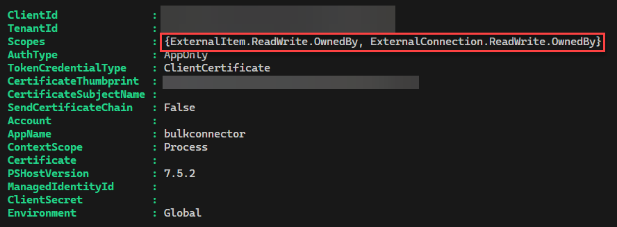 Results from the PowerShell Get-MGContext cmdlet