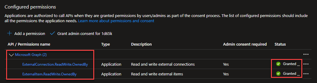Image showing the required Graph permissions shown in the app registration including that they have been granted admin consent